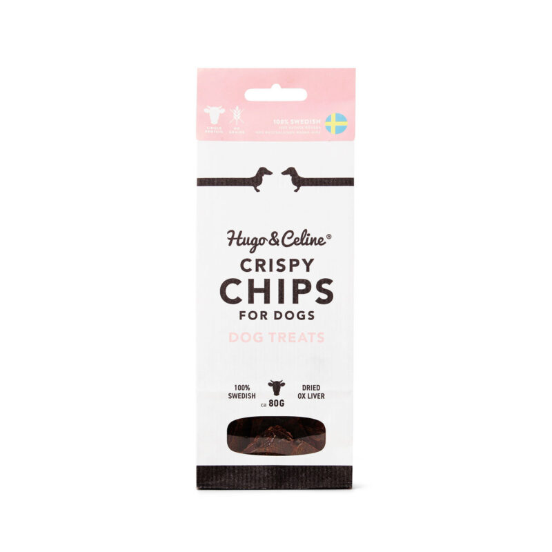 Påse med Crispy Chips torkat hundsnacks av nötlever från Hugo & Celine