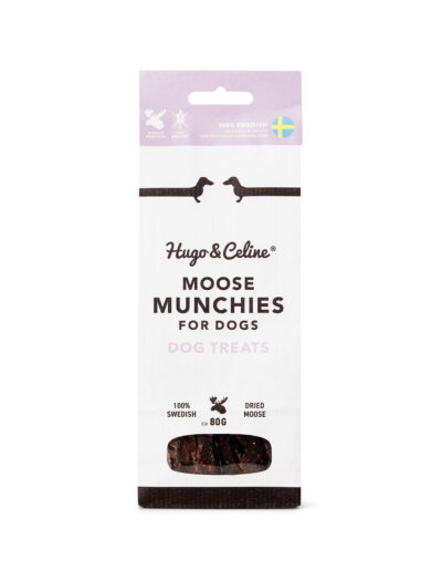 Påse Moose Munchies torkat hundsnacks av älgfärs (nöt) från Hugo & Celine, Sverige.