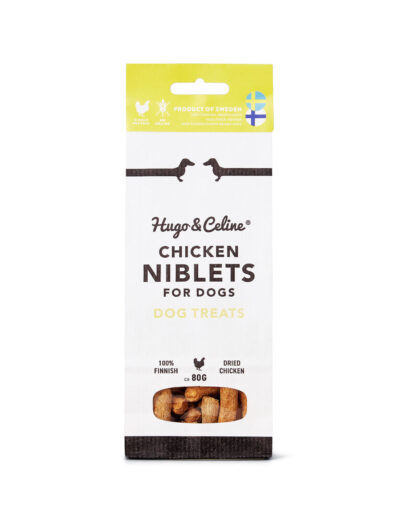 Påse med Chicken Niblets torkat hundsnacks av kyckling från Hugo & Celine